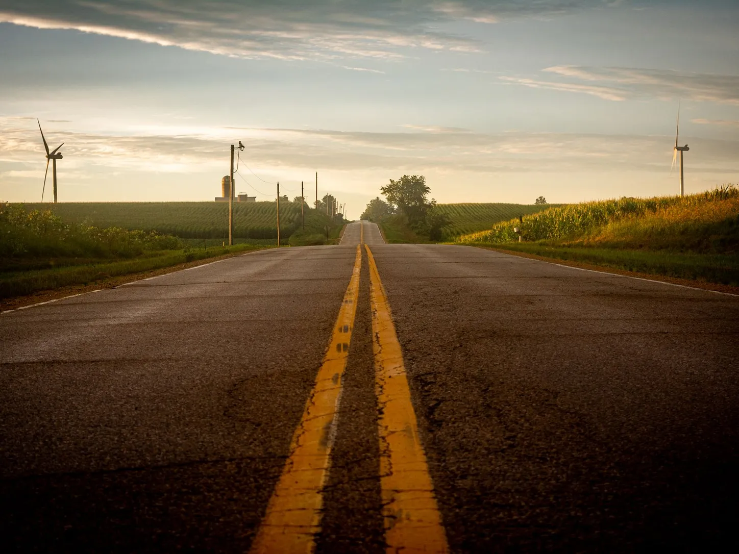 A rural Illinois road running through open fields in warm natural light